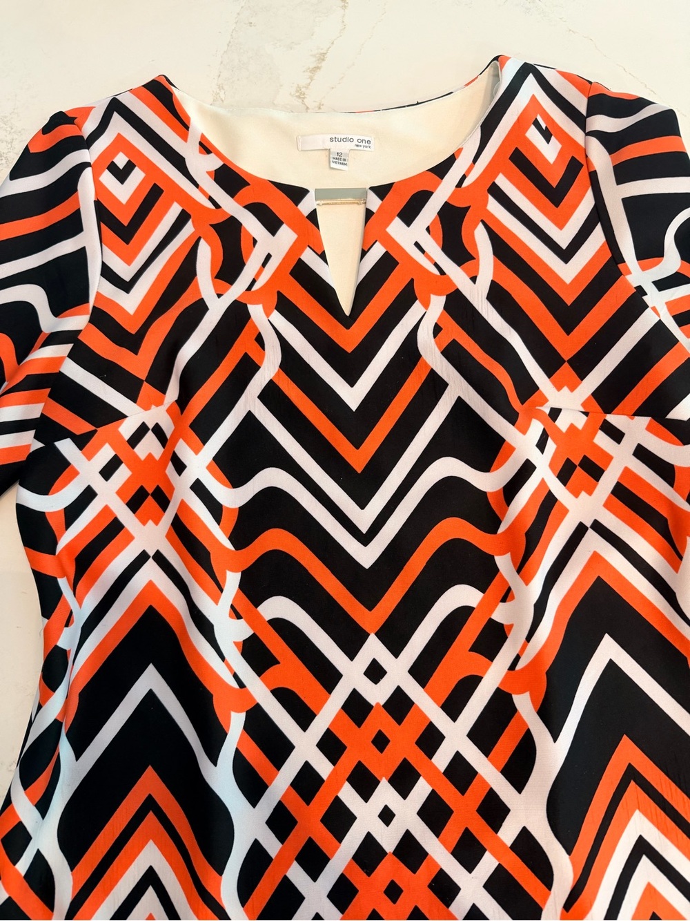 Studio One Orange, Black & White Geometric Short Sleeve Tunic